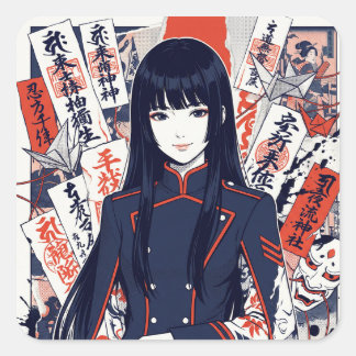 Yokai and protective talismans depicted in a Japan Vierkante Sticker