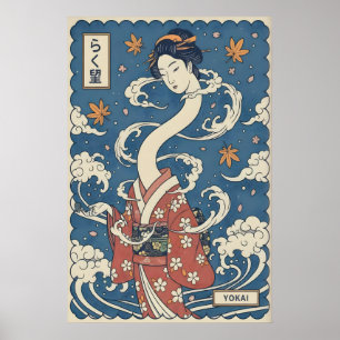 Yokai-kunstprint gestileerde langhalsgeest poster