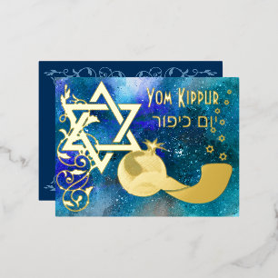 Yom Kippur Star Shofar Blue Real Folie Uitnodiging Briefkaart