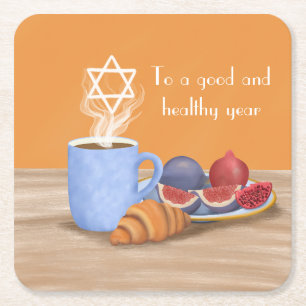 Yom Kippur Vastenbreken: koffie, granaatappels Vierkante Kartonnen Onderzetter