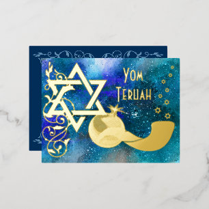Yom Teruah Star Shofar Blue Real Gold Foil Kaart