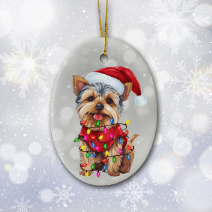 Yorkie dans les lumières de Noël Ornement céramiqu