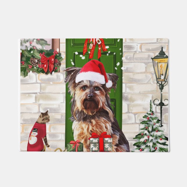 Yorkie Dog Kerstmis Deurmat (Voorkant)