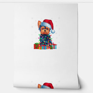 Yorkie hond lelijke kerstverlichting Santa Hat Yor Behang
