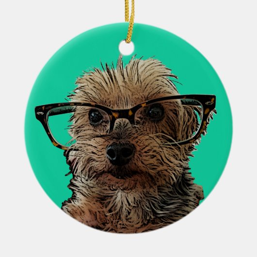 Yorkie met bril keramisch ornament (Voorkant)