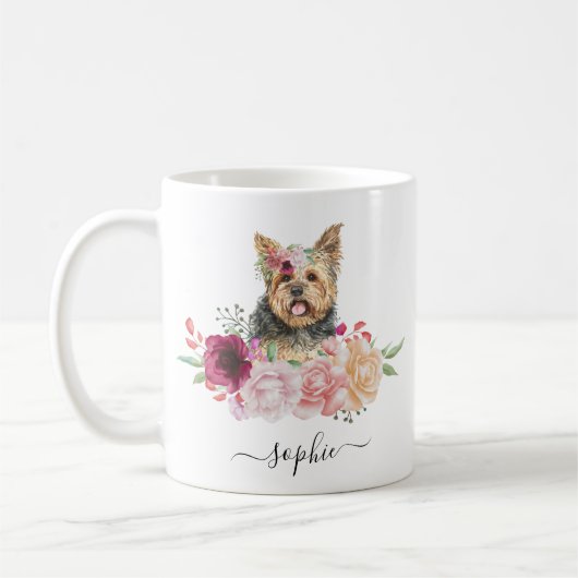 Yorkie Nom personnalisé Mug café floral (Gauche)