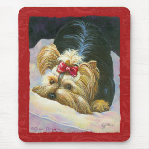 Yorkie Peekaboo Art Red Embossed Muismat