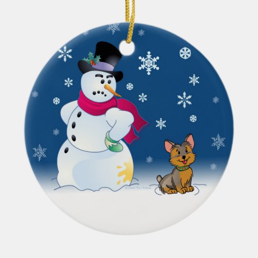 Yorkie puppy en Snowman Keramisch Ornament (Voorkant)