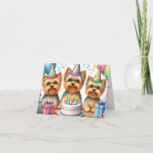 Yorkie Puppy Verjaardag Kaart met Party Petten