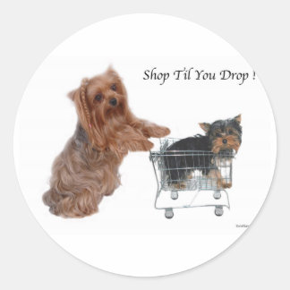 Yorkie Shop Til you Drop Ronde Sticker