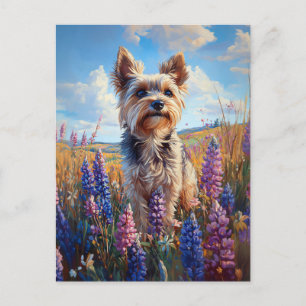 Yorkie Terrier Paarse Lupine Flowers Briefkaart