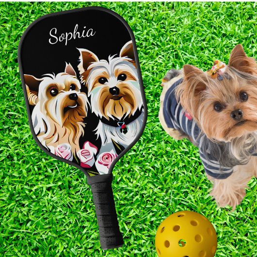 Yorkies en roze rozen pickleball paddle