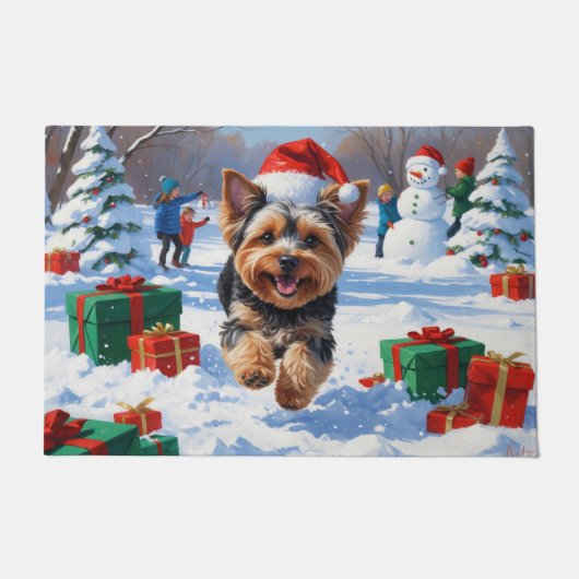 Yorkipoo Hardlopen in de sneeuw met kerst Pet Deurmat (Voorkant)