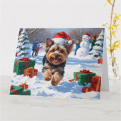 Yorkipoo Hardlopen in de sneeuw met kerst Pet Kaart (Gele Bloem)