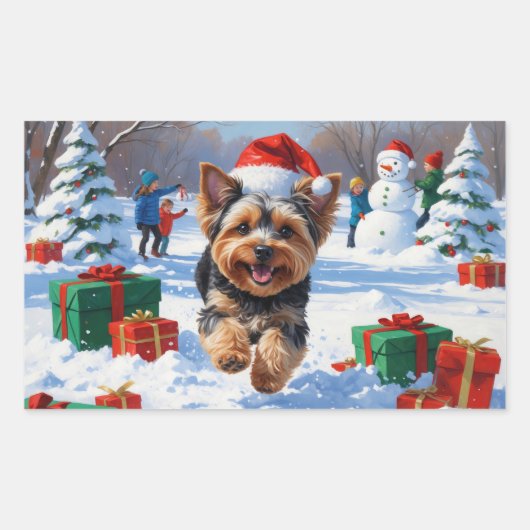Yorkipoo Hardlopen in de sneeuw met kerst Pet Rechthoekige Sticker (Voorkant)