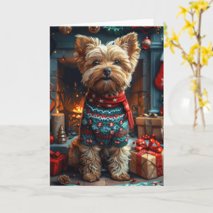 Yorkipoo-hond met kerstcadeaus open haard kaart