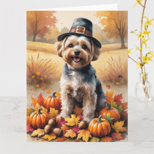Yorkipoo in de herfst verlaat de Thanksgiving kuns Kaart (Gele Bloem)
