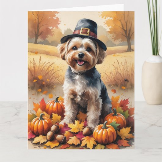 Yorkipoo in de herfst verlaat de Thanksgiving kuns Kaart (Voorkant)