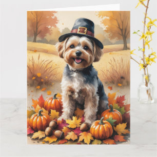 Yorkipoo in Herfstbladeren Thanksgiving Kunst Kaart