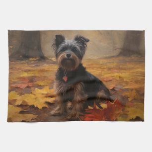 Yorkipoo in herfstbladeren val inspireert theedoek