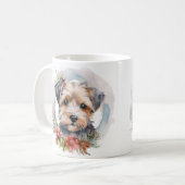 Yorkipoo Kerstkrans feestelijke pup Koffiemok (Voorkant links)