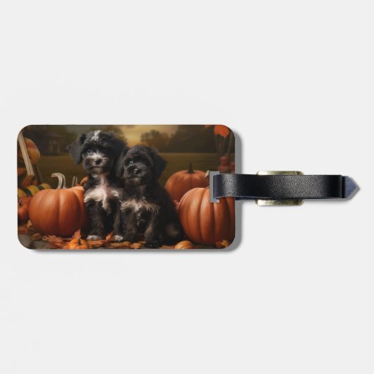 Yorkipoo Puppy Herfst Delight Pompoen Bagagelabel (Achterkant horizontaal)