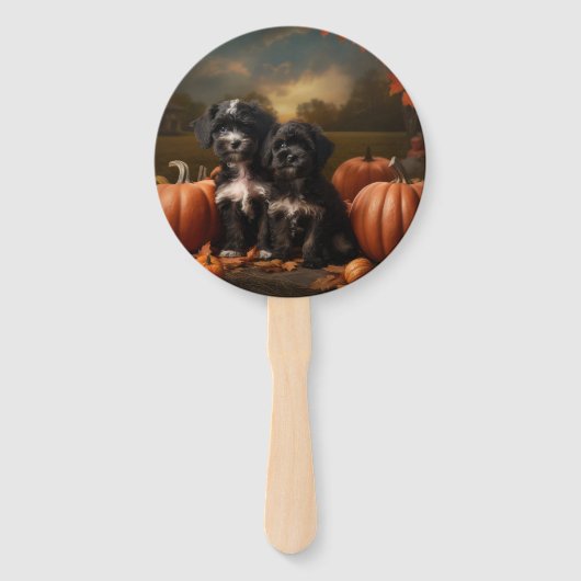 Yorkipoo Puppy Herfst Delight Pompoen Handwaaier (Voorkant)