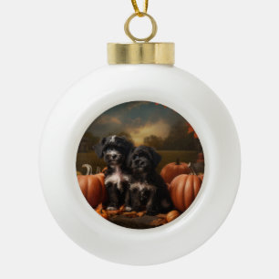 Yorkipoo Puppy Herfst Delight Pompoen Keramische Bal Ornament