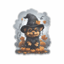 Yorkshire puppy Cartoon met pompoenen. Sticker