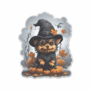 Yorkshire puppy Cartoon met pompoenen. Sticker