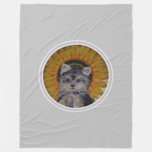 Yorkshire Puppy Hond & Zonnebloem op Lichtgrijs Fleece Deken