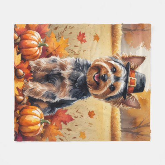Yorkshire Terrier Autumn verlaat Thanksgiving Fleece Deken (Voorkant (Horizontaal))