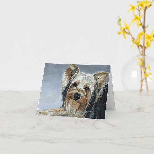 Yorkshire Terrier Dog Art Oil Painting Note Kaart (Gele Bloem)