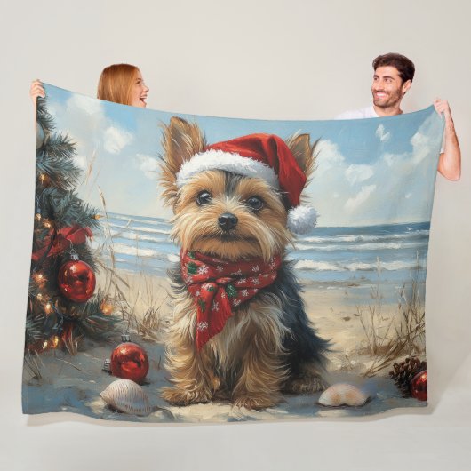 Yorkshire Terrier Dog Christmas  Beach Fleece Deken (In situ)