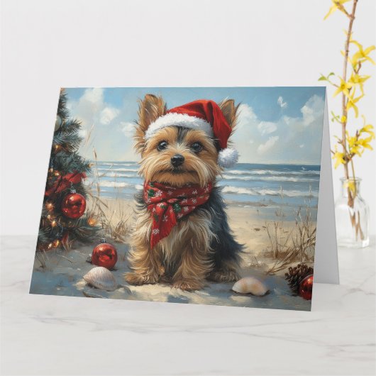 Yorkshire Terrier Dog Christmas  Beach Kaart (Gele Bloem)