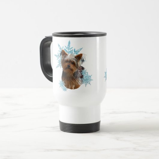Yorkshire Terrier Dog in de Snowflakes Reisbeker (Voorkant links)