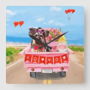 Yorkshire Terrier Dog Valentijnsdag Truck Hearts Vierkante Klok