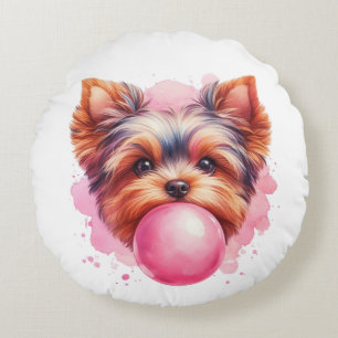 Yorkshire Terrier Dog w Pink Bubblegum Waterverf Rond Kussen