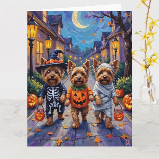 Yorkshire Terrier Dogs in Halloween Costumes Kaart (Gele Bloem)
