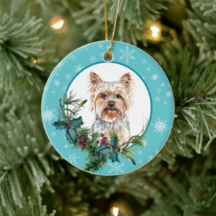 Yorkshire Terrier Evergreen Blue Snowflake Border Keramisch Ornament