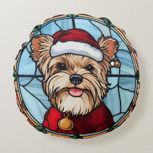Yorkshire Terrier Gebrandschilderd Glas Kerstmis Rond Kussen