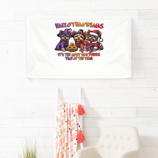 Yorkshire Terrier Halloween Thanksgiving Kerst Spandoek (Insitu)
