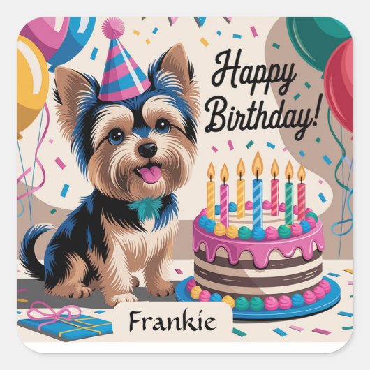 Yorkshire Terrier Happy Birthday Vierkante Sticker (Voorkant)