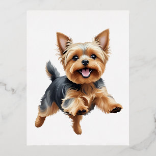 Yorkshire Terrier Happy Speelse Leuk Springen Vrol Folie Feestdagen Briefkaart