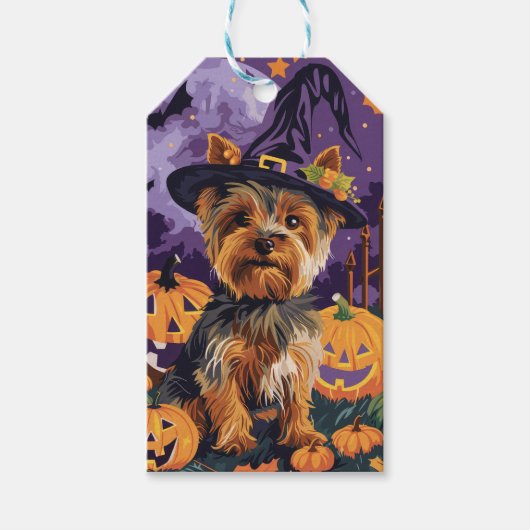 Yorkshire Terriër Hond Halloween Heks en Pompoen Cadeaulabel (Voorkant)