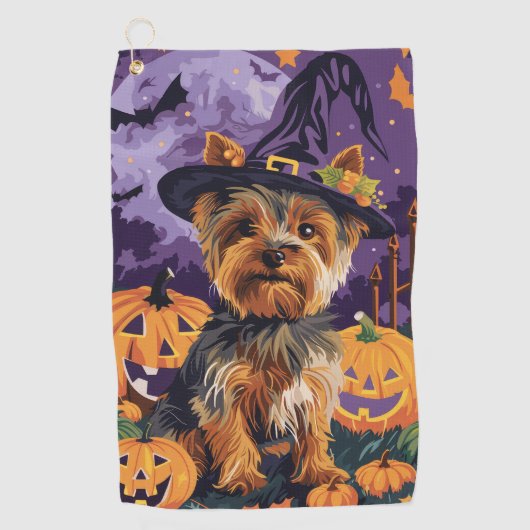 Yorkshire Terriër Hond Halloween Heks en Pompoen Golfhanddoek (Voorkant)