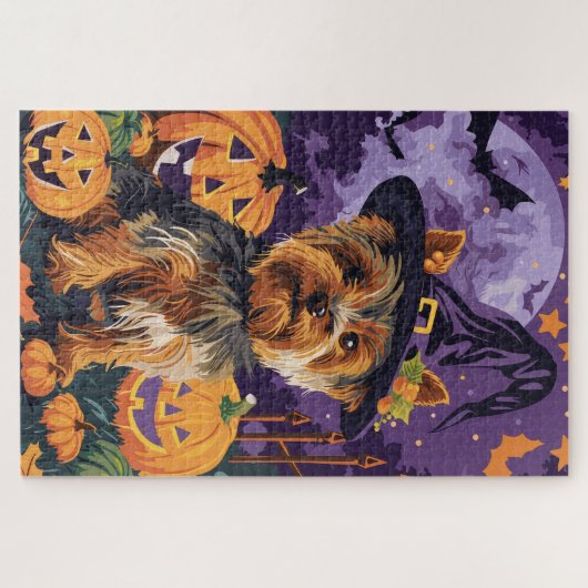 Yorkshire Terriër Hond Halloween Heks en Pompoen Legpuzzel (Horizontaal)