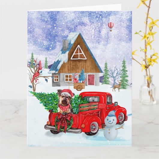 Yorkshire Terrier-hond in kerstbezorgingswagen Kaart (Gele Bloem)