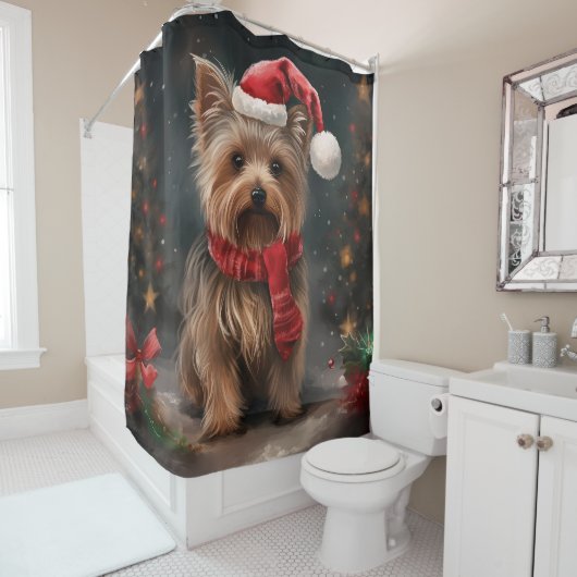 Yorkshire Terrier Hond in Sneeuw Kerstmis Douchegordijn (In situ)