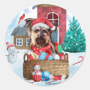 Yorkshire Terrier-hond in sneeuw Kerstmis Hondenho Ronde Sticker